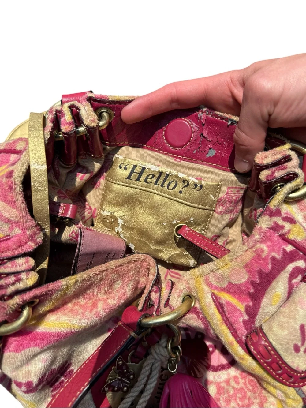 Vintage Juicy Couture Pink Y2K Floral Terrycloth Shoulder Bag Lux Charms